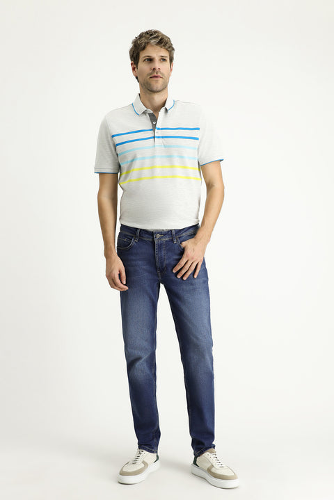 Light Grey Melange Polo Collar Regular Fit Patterned Cotton T-shirt