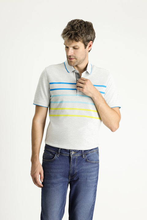 Light Grey Melange Polo Collar Regular Fit Patterned Cotton T-shirt