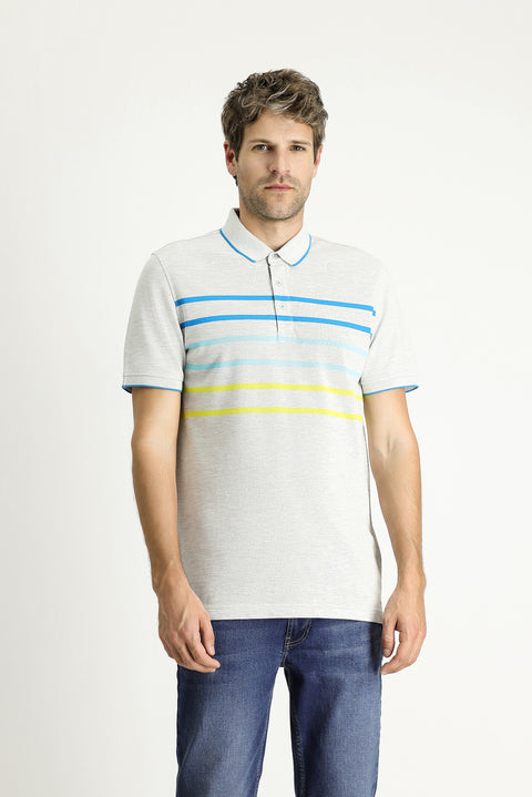 Light Grey Melange Polo Collar Regular Fit Patterned Cotton T-shirt