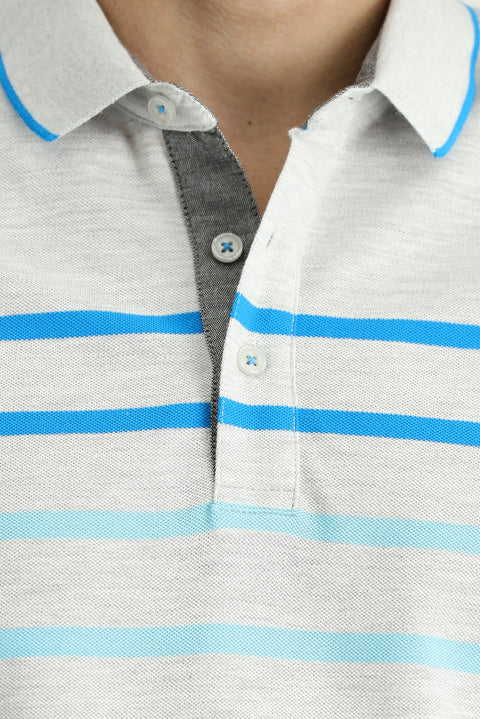 Light Grey Melange Polo Collar Regular Fit Patterned Cotton T-shirt