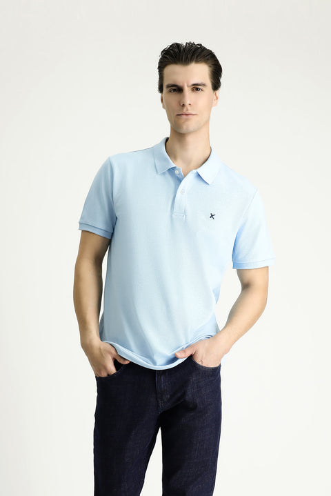 Light Blue Slim Fit Embroidered Cotton Polo Shirt