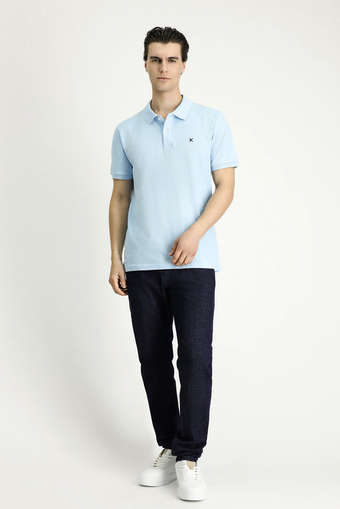Light Blue Slim Fit Embroidered Cotton Polo Shirt