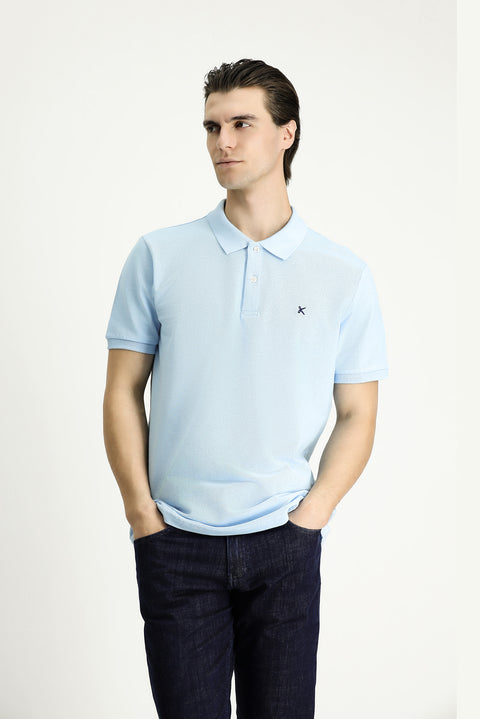 Light Blue Slim Fit Embroidered Cotton Polo Shirt