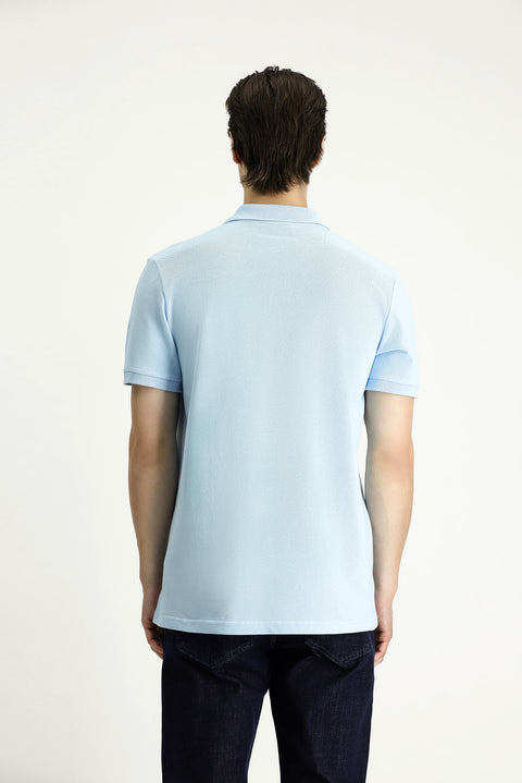 Light Blue Slim Fit Embroidered Cotton Polo Shirt
