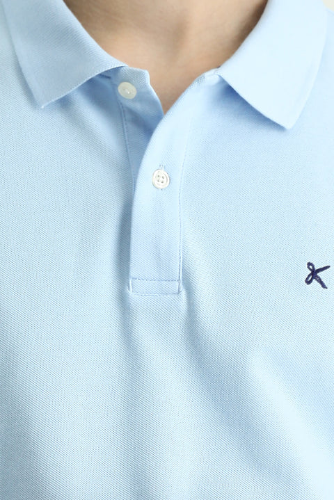 Light Blue Slim Fit Embroidered Cotton Polo Shirt