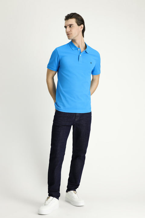 Dark Blue Slim Fit Embroidered Cotton Polo Shirt