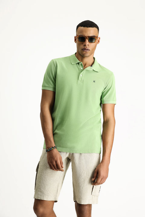 Grass Green Slim Fit Embroidered Cotton Polo Shirt