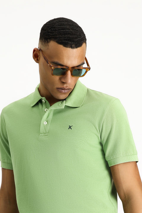 Grass Green Slim Fit Embroidered Cotton Polo Shirt