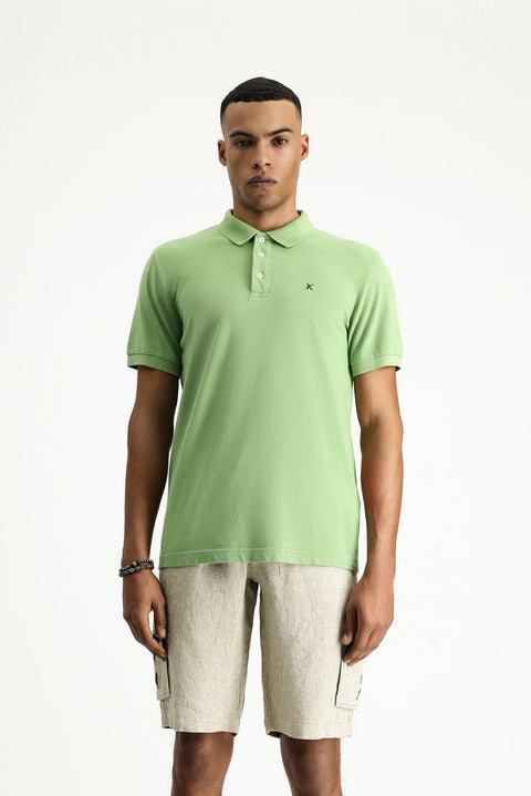 Grass Green Slim Fit Embroidered Cotton Polo Shirt
