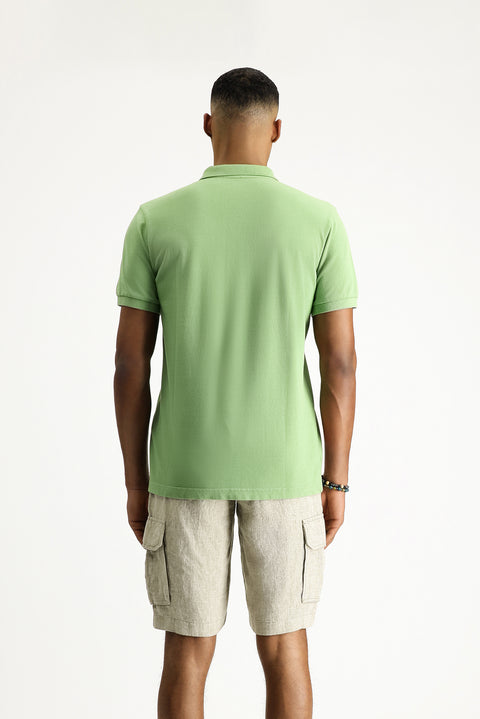 Grass Green Slim Fit Embroidered Cotton Polo Shirt