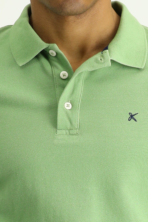 Grass Green Slim Fit Embroidered Cotton Polo Shirt