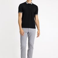 Siyah Polo Yaka Slim Fit Dar Kesim Desenli Pamuklu Tişört
