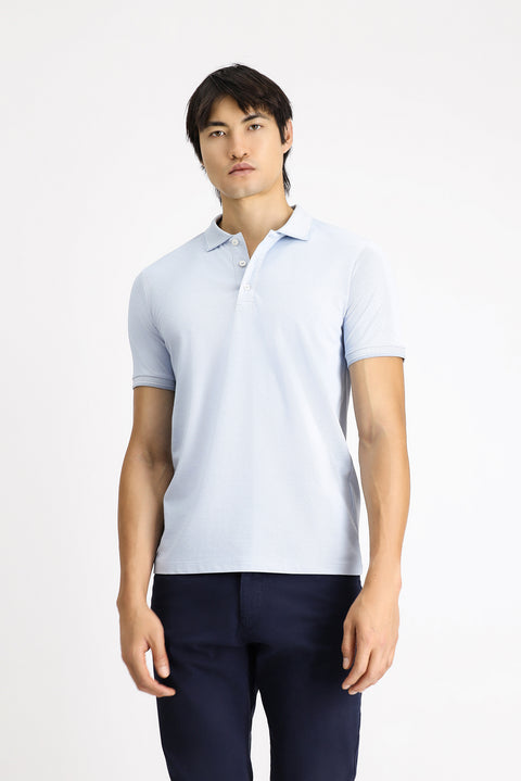 Light Blue Polo Collar Slim Fit Patterned Cotton T-shirt