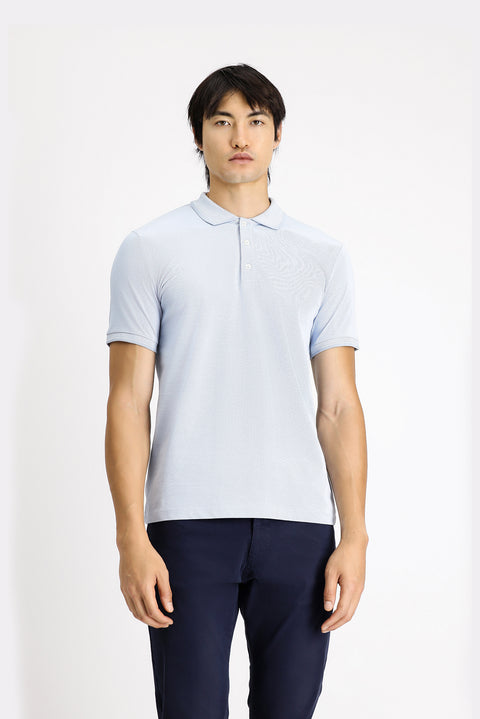 Light Blue Polo Collar Slim Fit Patterned Cotton T-shirt
