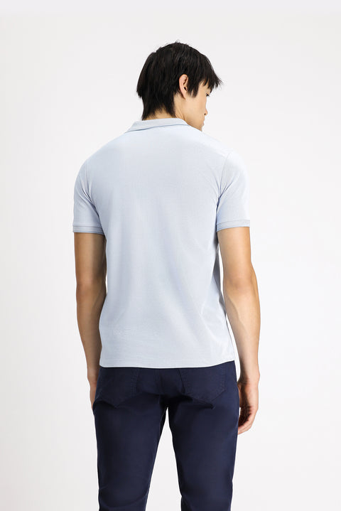 Light Blue Polo Collar Slim Fit Patterned Cotton T-shirt
