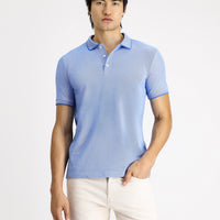 Blue Polo Collar Slim Fit Narrow Cut Patterned Cotton T-shirt