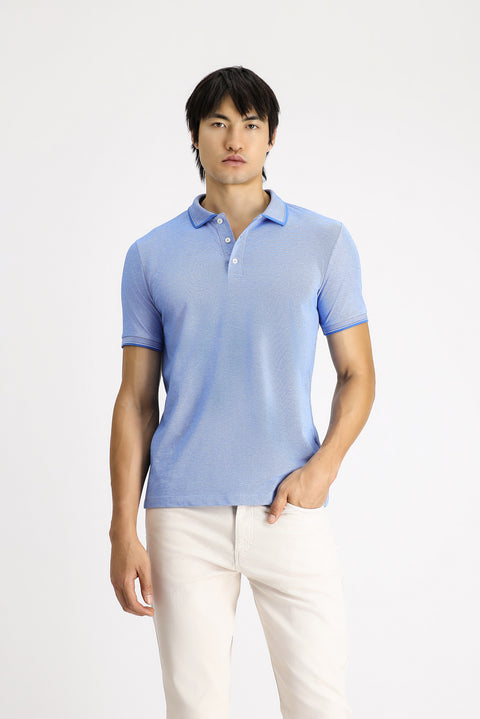 Blue Polo Collar Slim Fit Narrow Cut Patterned Cotton T-shirt