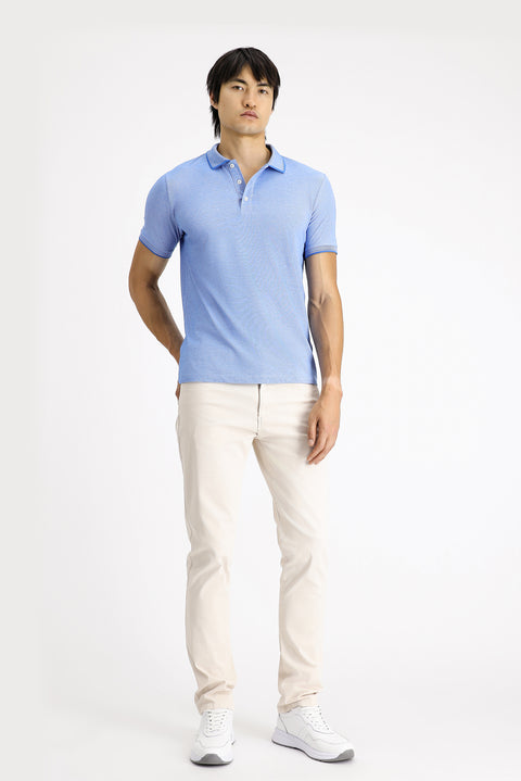 Blue Polo Collar Slim Fit Narrow Cut Patterned Cotton T-shirt
