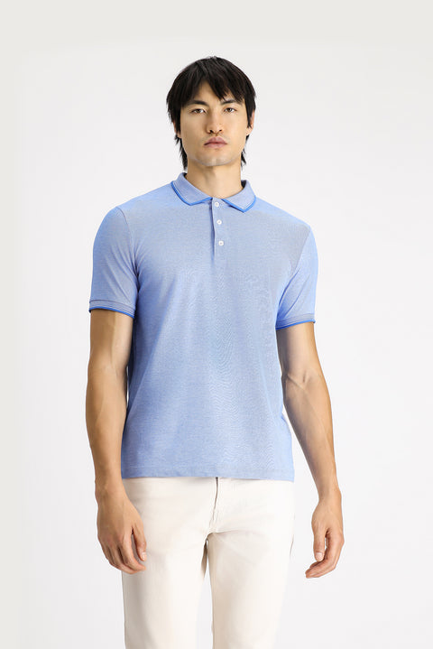 Blue Polo Collar Slim Fit Narrow Cut Patterned Cotton T-shirt