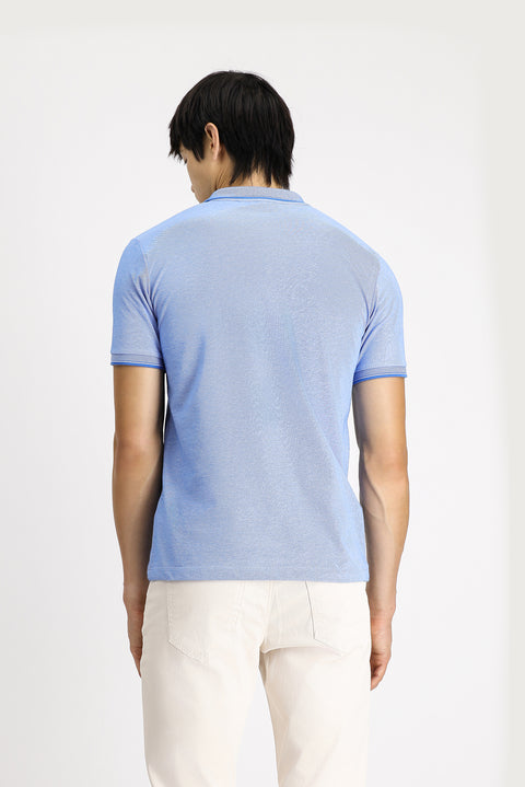 Blue Polo Collar Slim Fit Narrow Cut Patterned Cotton T-shirt