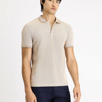 Light Beige Polo Collar Slim Fit Patterned Cotton T-shirt