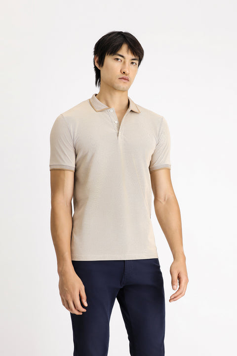 Light Beige Polo Collar Slim Fit Patterned Cotton T-shirt