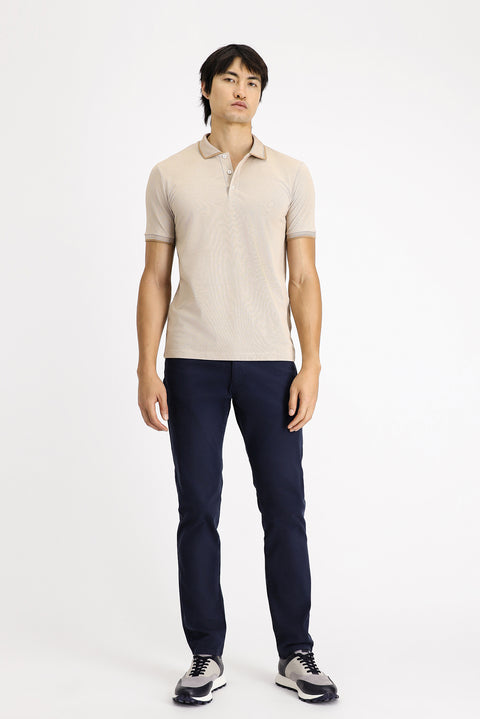 Light Beige Polo Collar Slim Fit Patterned Cotton T-shirt