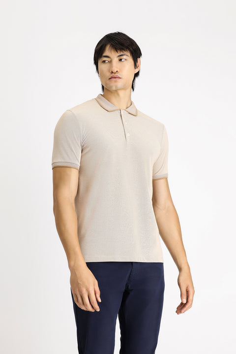 Light Beige Polo Collar Slim Fit Patterned Cotton T-shirt