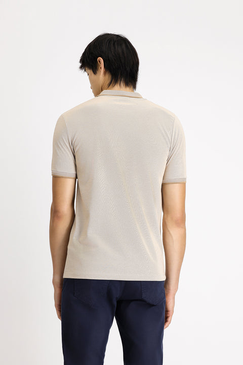Light Beige Polo Collar Slim Fit Patterned Cotton T-shirt