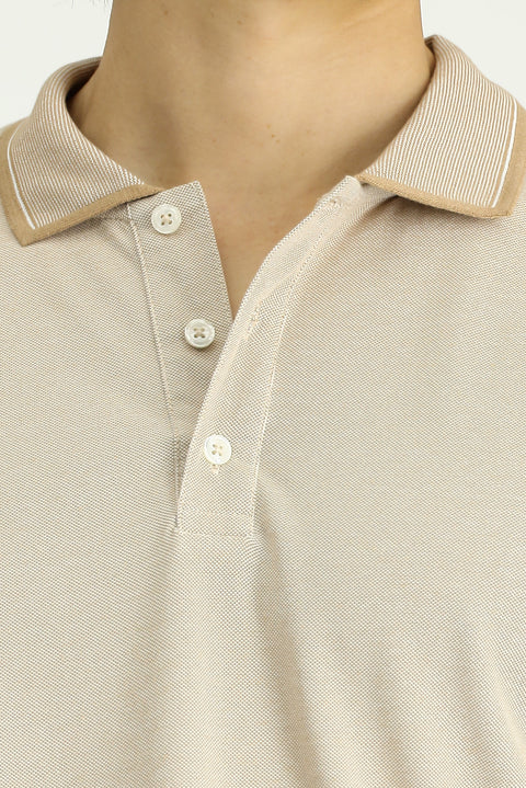 Light Beige Polo Collar Slim Fit Patterned Cotton T-shirt
