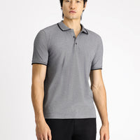 Medium Anthracite Polo Collar Slim Fit Narrow Cut Patterned Cotton T-shirt