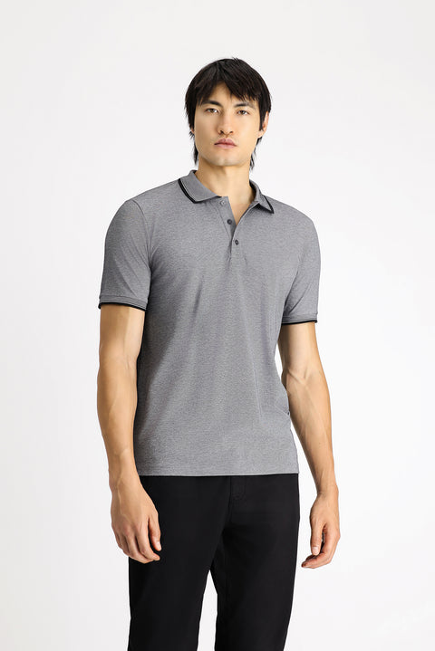 Medium Anthracite Polo Collar Slim Fit Narrow Cut Patterned Cotton T-shirt