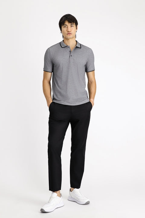 Medium Anthracite Polo Collar Slim Fit Narrow Cut Patterned Cotton T-shirt