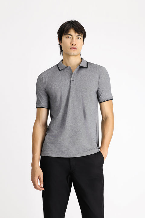 Medium Anthracite Polo Collar Slim Fit Narrow Cut Patterned Cotton T-shirt