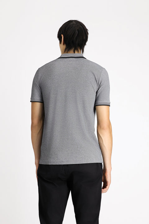 Medium Anthracite Polo Collar Slim Fit Narrow Cut Patterned Cotton T-shirt