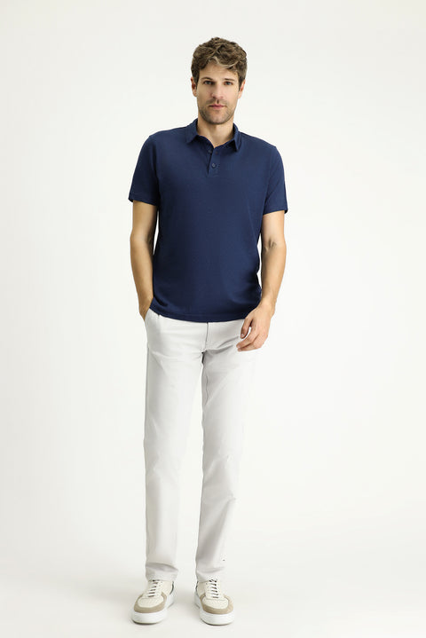 Dark Navy Polo Collar Slim Fit Linen Blend T-shirt