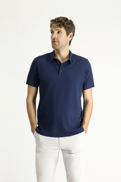 Dark Navy Polo Collar Slim Fit Linen Blend T-shirt