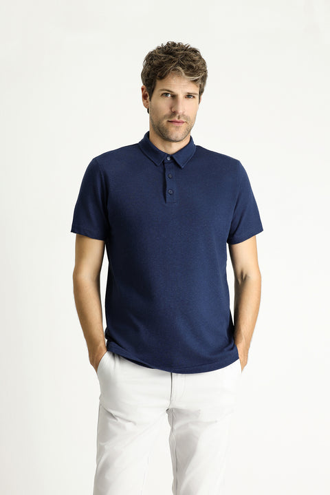 Dark Navy Polo Collar Slim Fit Linen Blend T-shirt