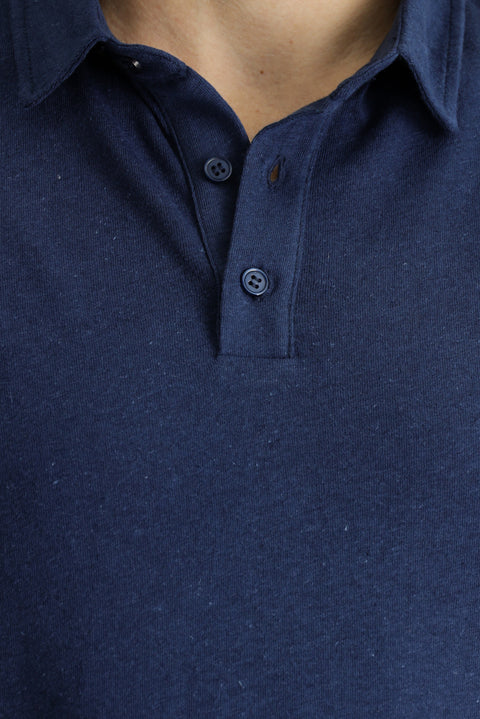 Dark Navy Polo Collar Slim Fit Linen Blend T-shirt