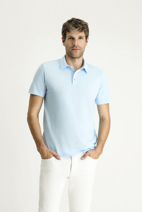 Light Blue Polo Collar Slim Fit Linen Blend T-Shirt