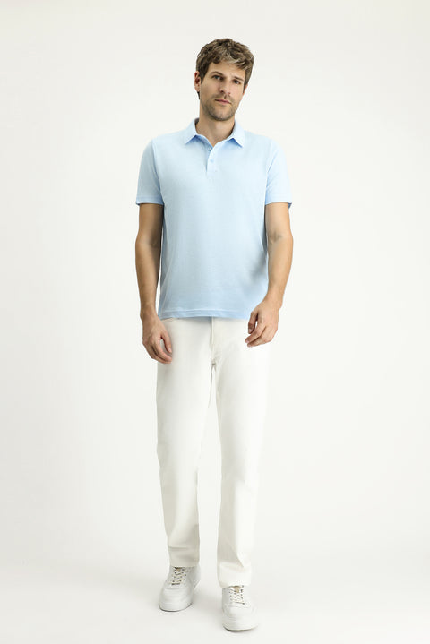 Light Blue Polo Collar Slim Fit Linen Blend T-Shirt