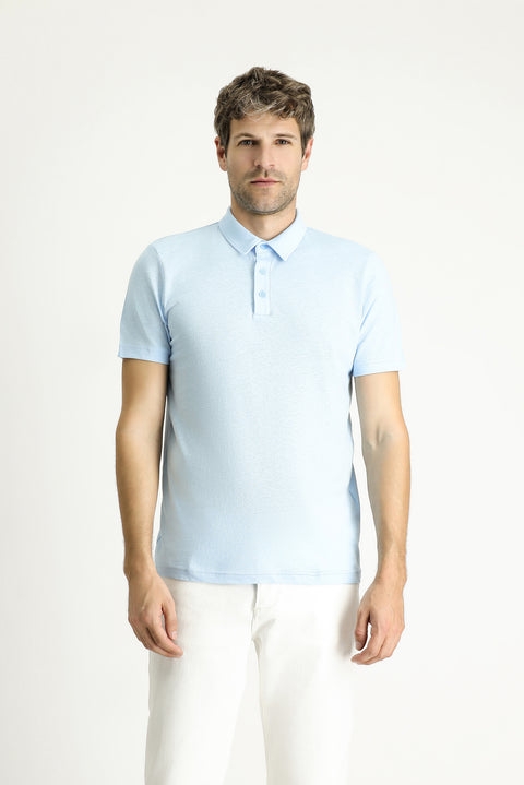 Light Blue Polo Collar Slim Fit Linen Blend T-Shirt