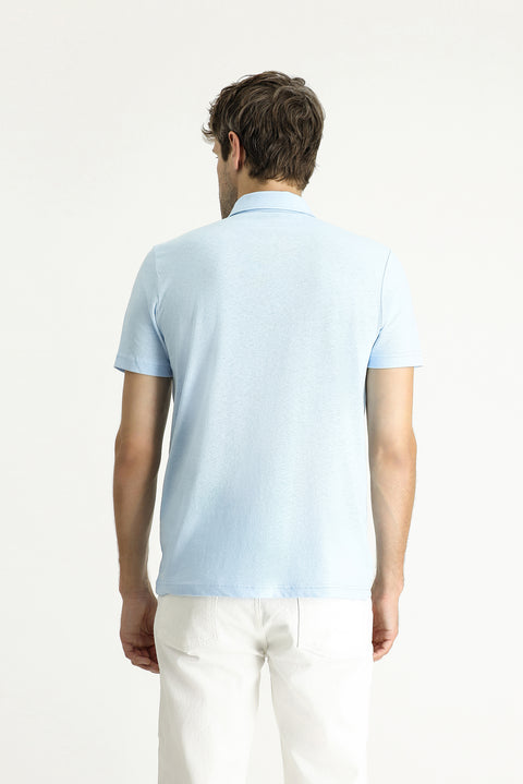Light Blue Polo Collar Slim Fit Linen Blend T-Shirt