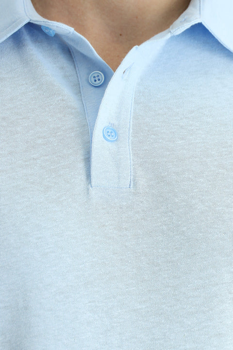 Light Blue Polo Collar Slim Fit Linen Blend T-Shirt