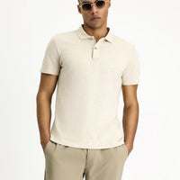 Medium Beige Polo Collar Slim Fit Linen Blend T-shirt