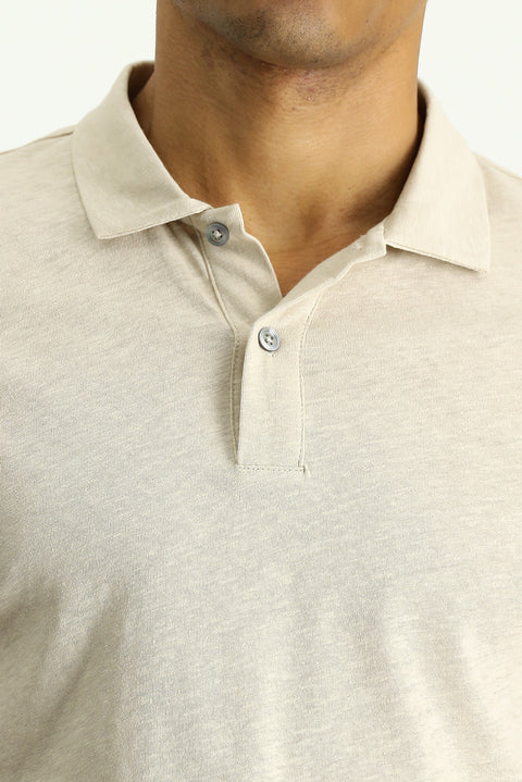 Medium Beige Polo Collar Slim Fit Linen Blend T-shirt