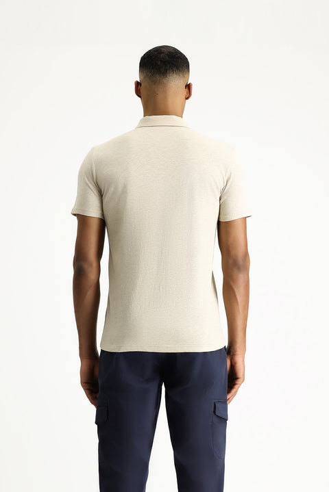 Medium Beige Polo Collar Slim Fit Linen Blend T-shirt