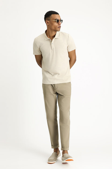 Medium Beige Polo Collar Slim Fit Linen Blend T-shirt