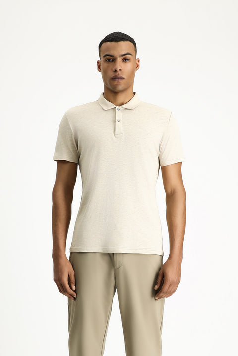 Medium Beige Polo Collar Slim Fit Linen Blend T-shirt