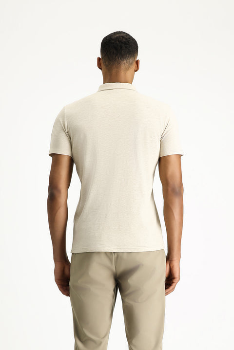 Medium Beige Polo Collar Slim Fit Linen Blend T-shirt